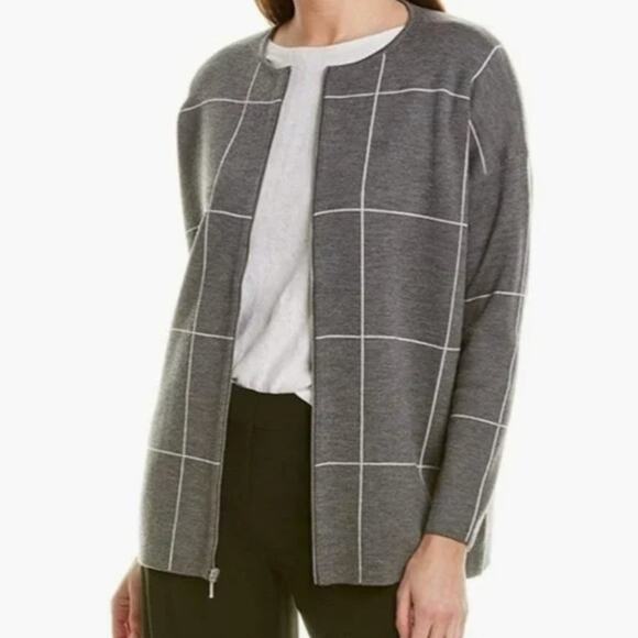 EILEEN FISHER Windowpane Extra Fine Merino Wool Cardigan Sweater Gray {A48} - Picture 1 of 6